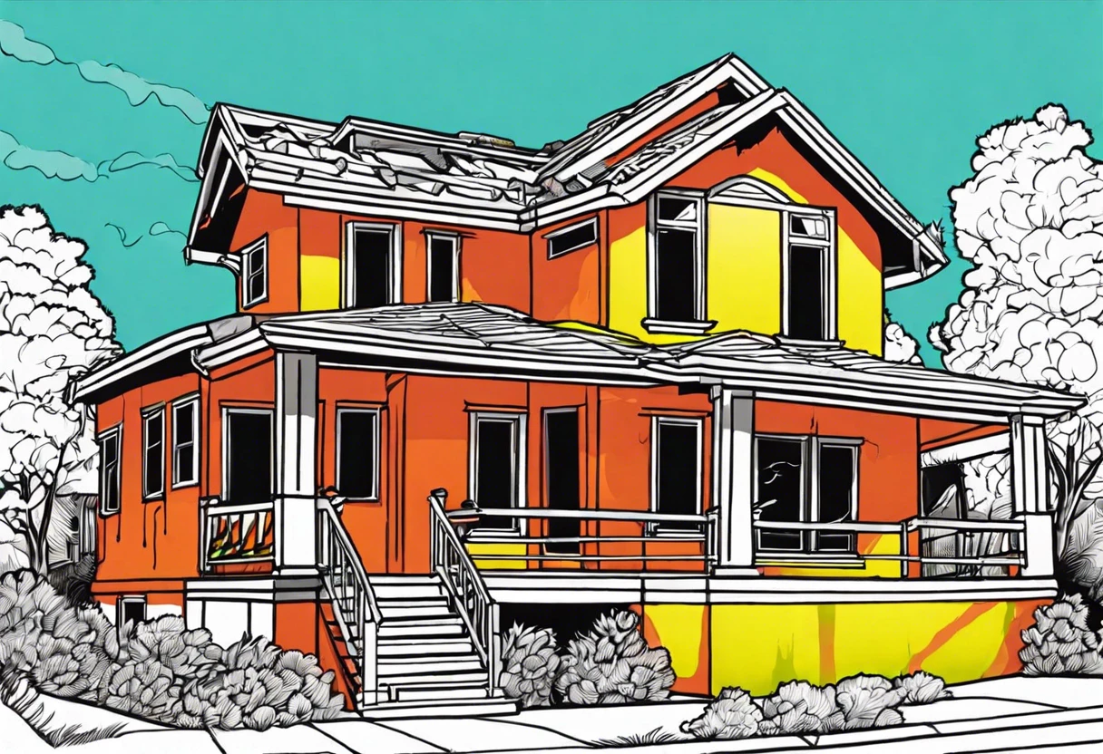 Illustration of a house undergoing fire damage reconstruction showing essential repair steps.