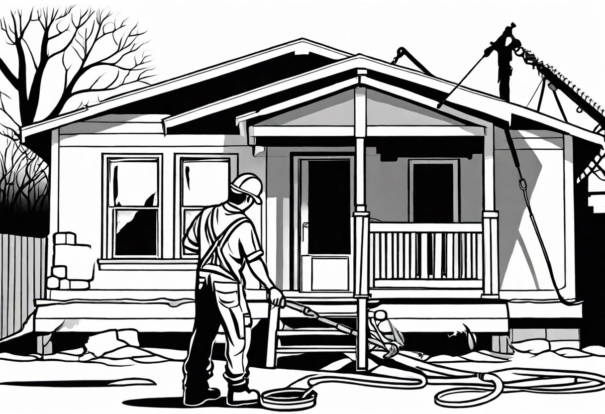 A worker involved in fire damage reconstruction at a damaged house, illustrating the steps involved in the reconstruction process.