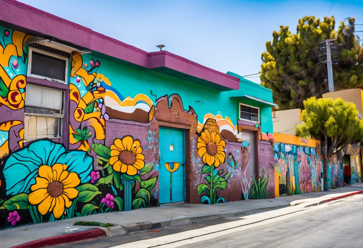 Vibrant mural depicting sunflowers and local flora in Los Angeles, highlighting neighborhoods susceptible to ground water damage.