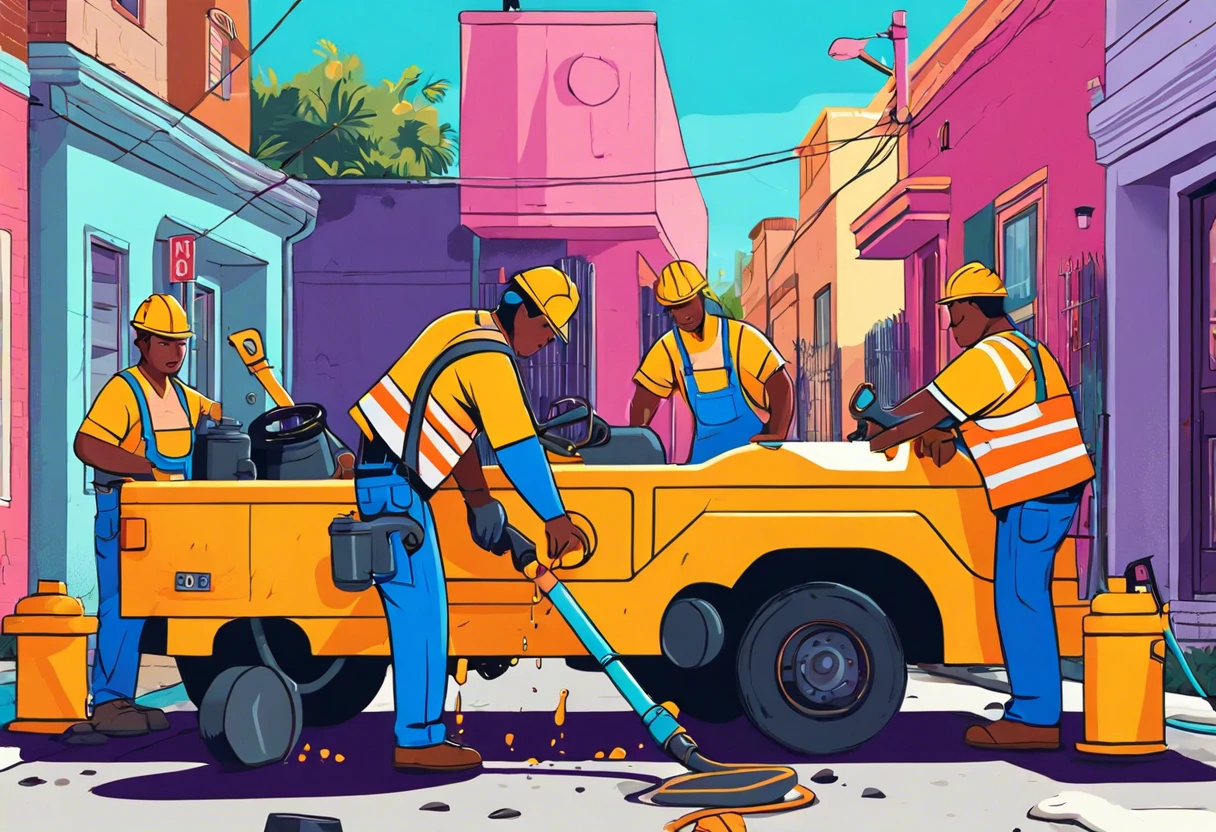 Workers repairing a burst pipe on a street in Los Angeles, focusing on quick resolution methods.